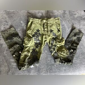 mnml - Men's Olive Black Dip Cargo Pants, Star Applique, Stretch Streetwear, 31